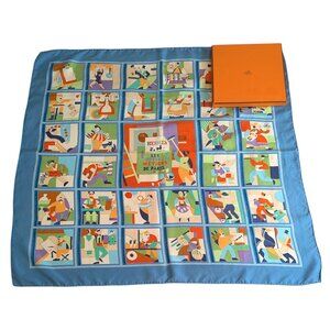 HERMES Vintage Les Petits Metiers de Paris Blue 90 cm Silk Square Scarf Box RARE